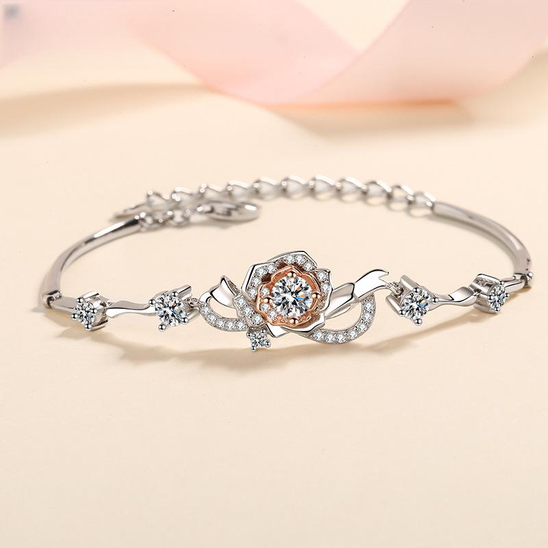 Rose Flower Bracelet with 1.4 Carat Moissanite and 7A Zircon Stones in S925 Silver with Dual-Tone Plating