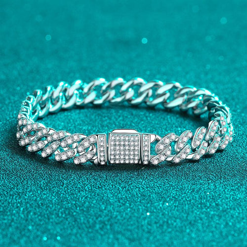 Cuban Link Bracelet with Moissanite Stones in 925 Sterling Silver, Multiple Sizes Available