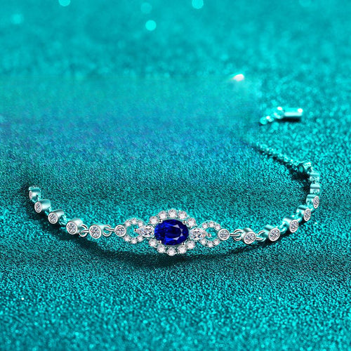Elegant 925 Sterling Silver Plated PT950 Blue Oval Moissanite Bracelet with Floral Accents