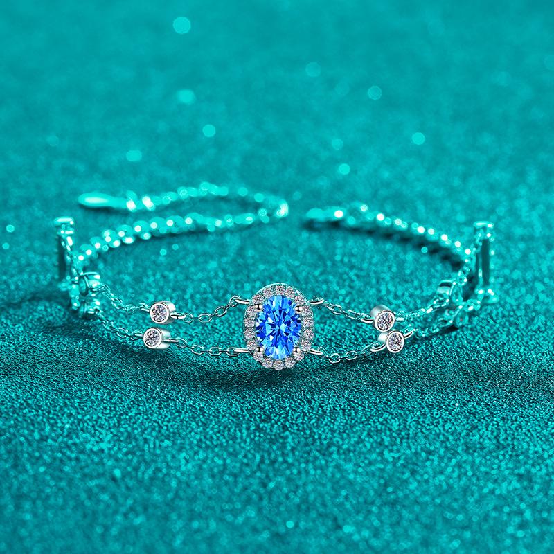 Bracelet with Oval Double Chain Design Featuring White and Blue Moissanite Stones in Platinum-Plated 925 Silver