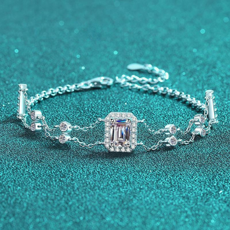Double Chain Bracelet with S925 Sterling Silver Hand-Set Moissanite and Blue Rectangular Step-Cut Stones