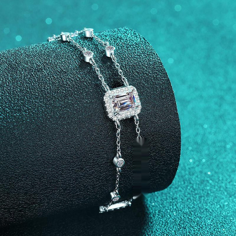 Double Chain Bracelet with S925 Sterling Silver Hand-Set Moissanite and Blue Rectangular Step-Cut Stones
