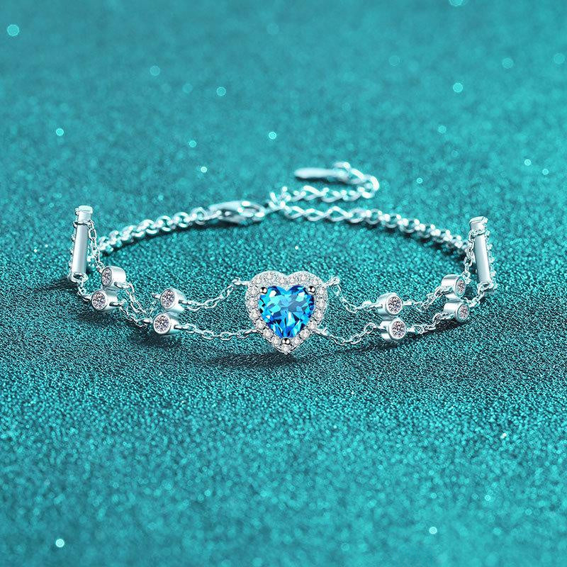 Sterling Silver Handcrafted Moissanite Bracelet with Heart-Shaped Accents and Blue Gemstones in Sweet Princess Style
