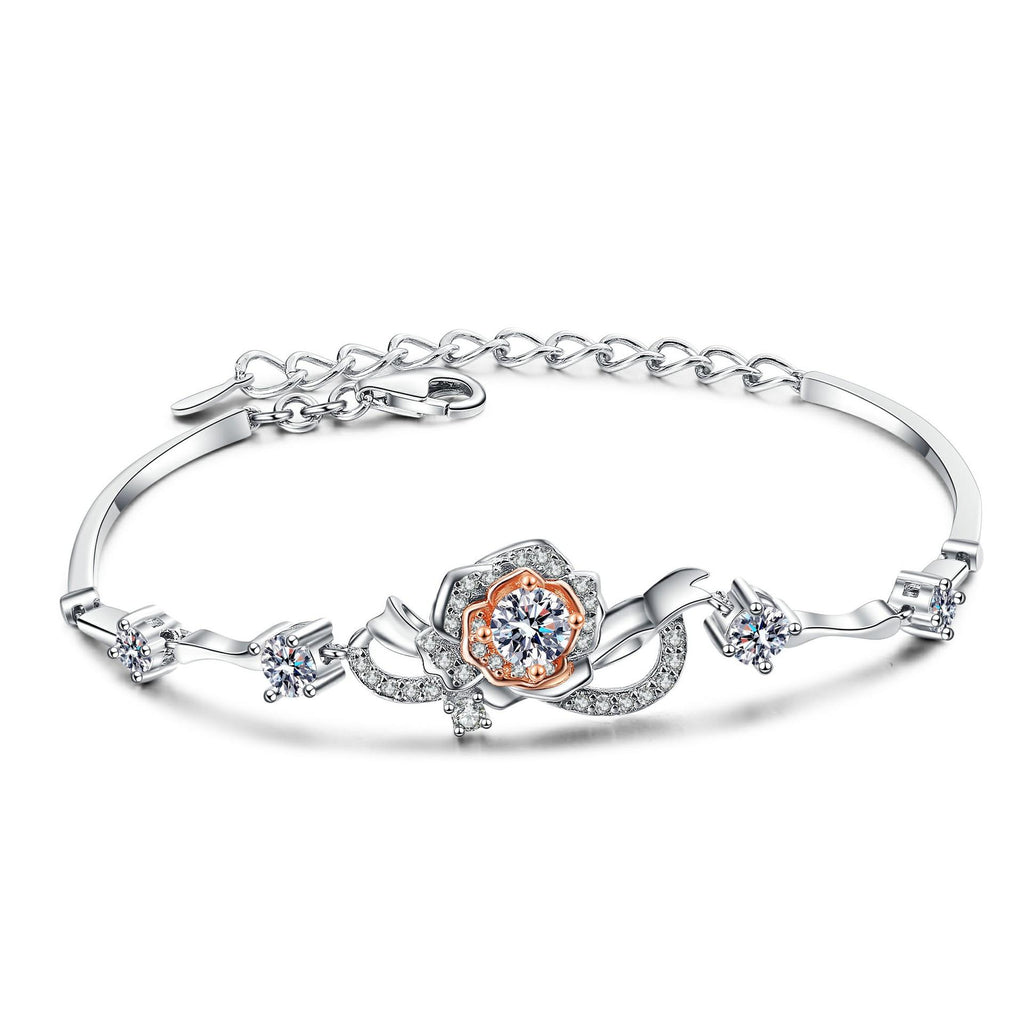 Rose Flower Bracelet with 1.4 Carat Moissanite and 7A Zircon Stones in S925 Silver with Dual-Tone Plating