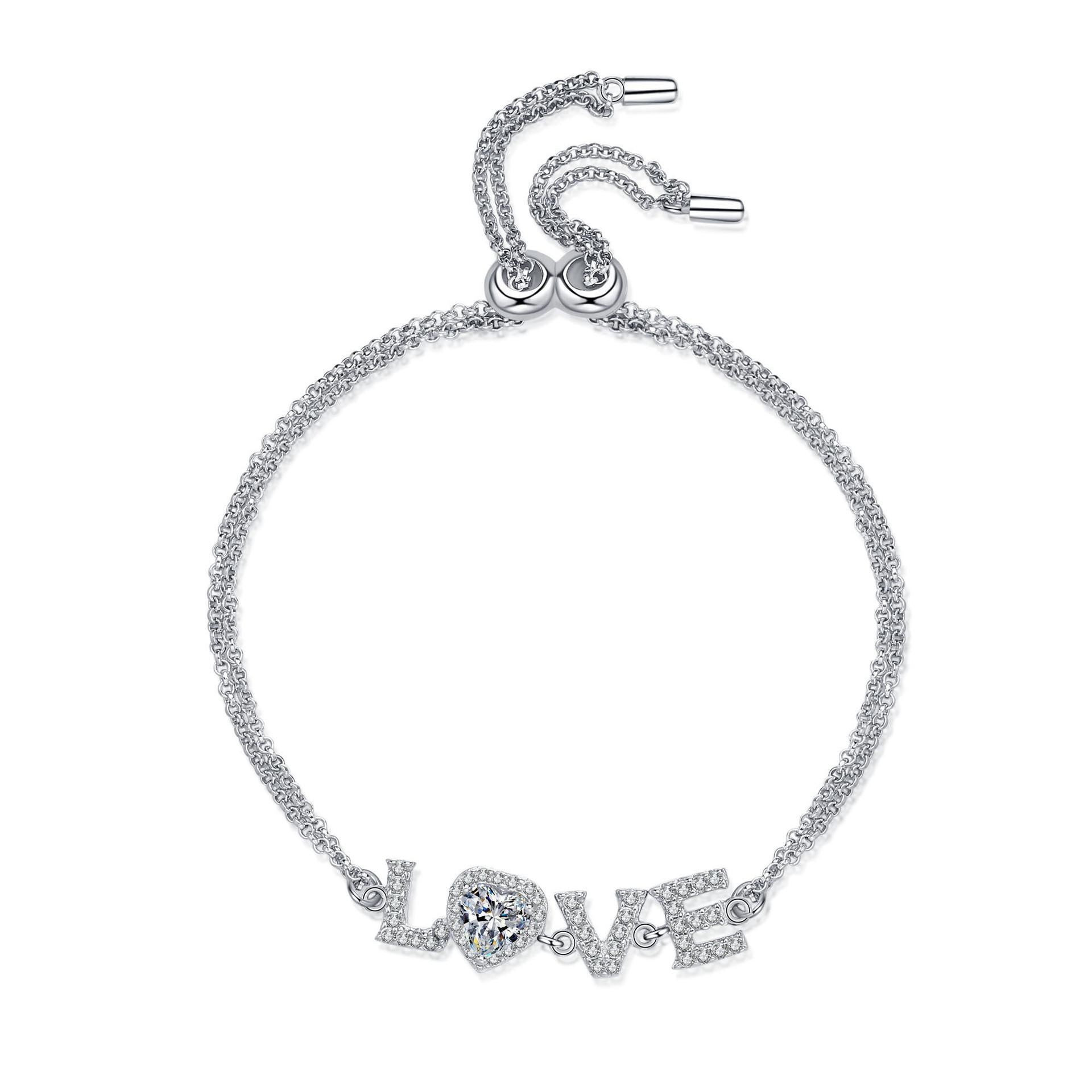 Sterling Silver Love Bracelet with 0.5 Carat Moissanite and 5mm Heart-Shaped Zircon Accents for Women