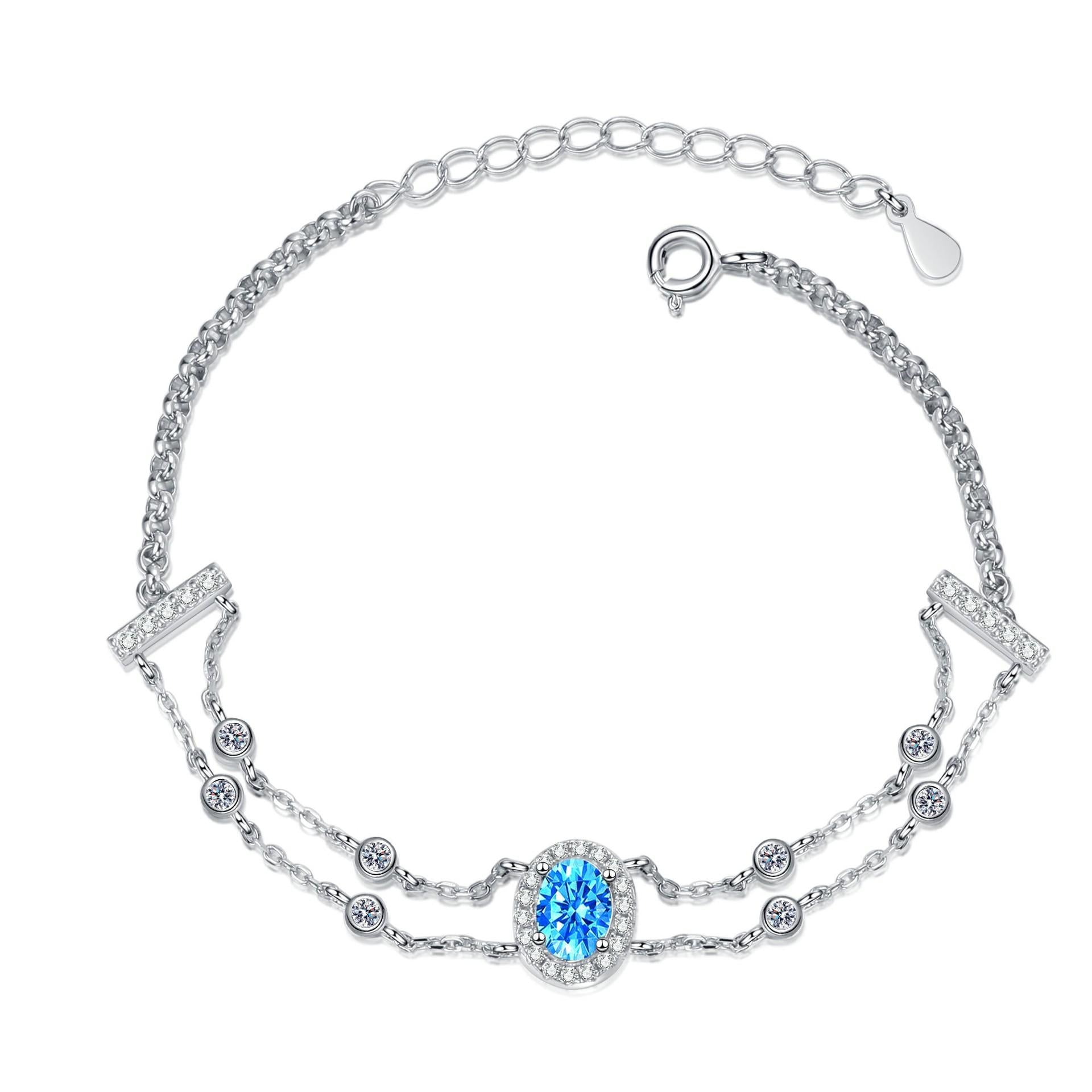 Bracelet with Oval Double Chain Design Featuring White and Blue Moissanite Stones in Platinum-Plated 925 Silver