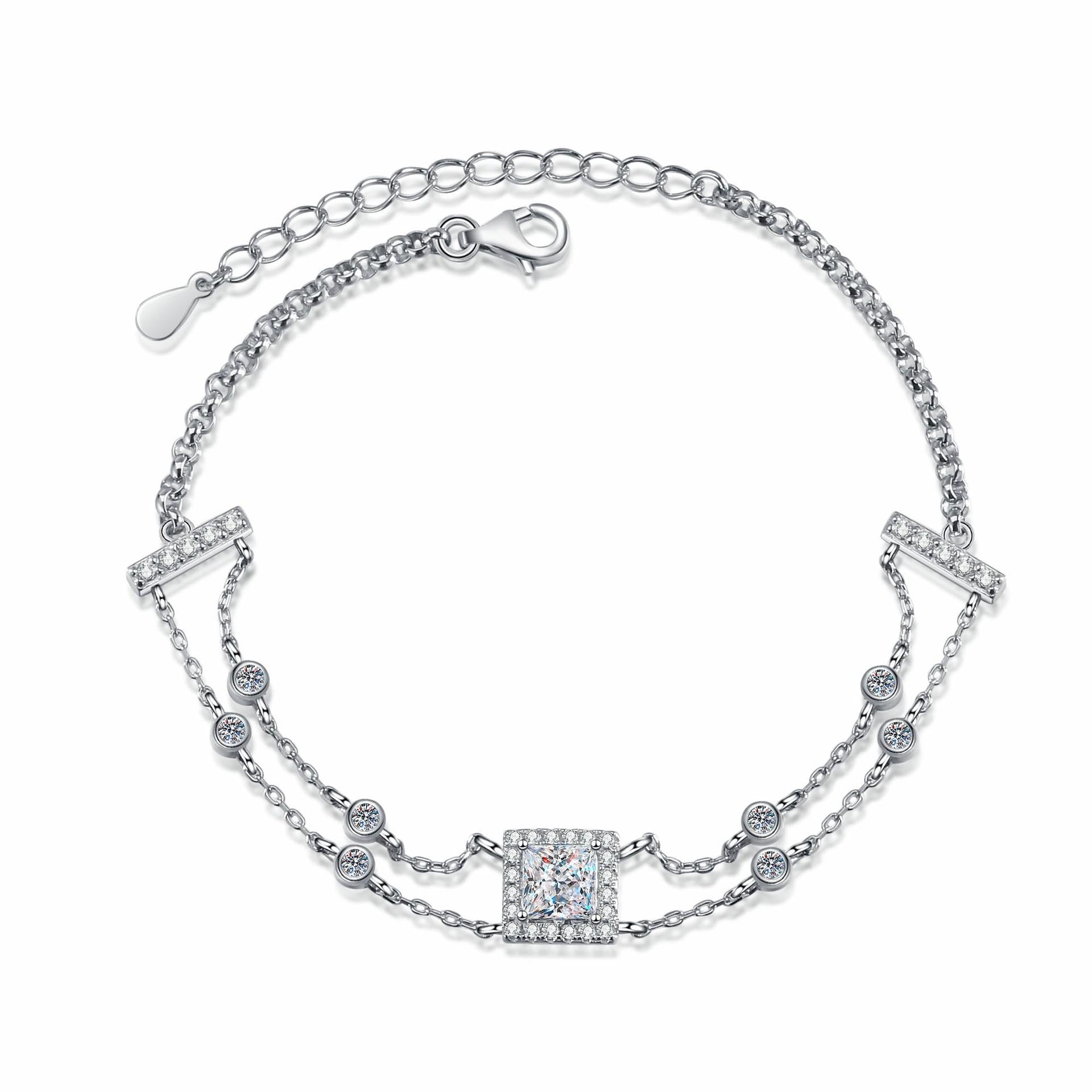 Sterling Silver Dual Chain Bracelet with Square-Cut Moissanite and Blue Gemstones in Leaf and Star Motifs