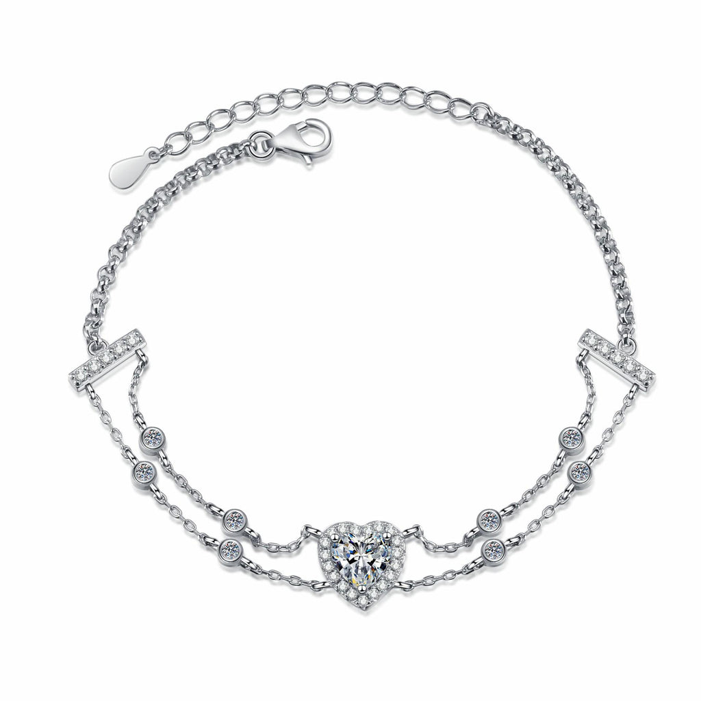 Sterling Silver Handcrafted Moissanite Bracelet with Heart-Shaped Accents and Blue Gemstones in Sweet Princess Style