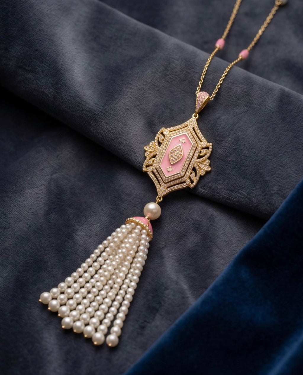 Silver 925 Gold plated Ornate Pendant Necklace and Earrings with Pink Enamel & Pearl Tassel