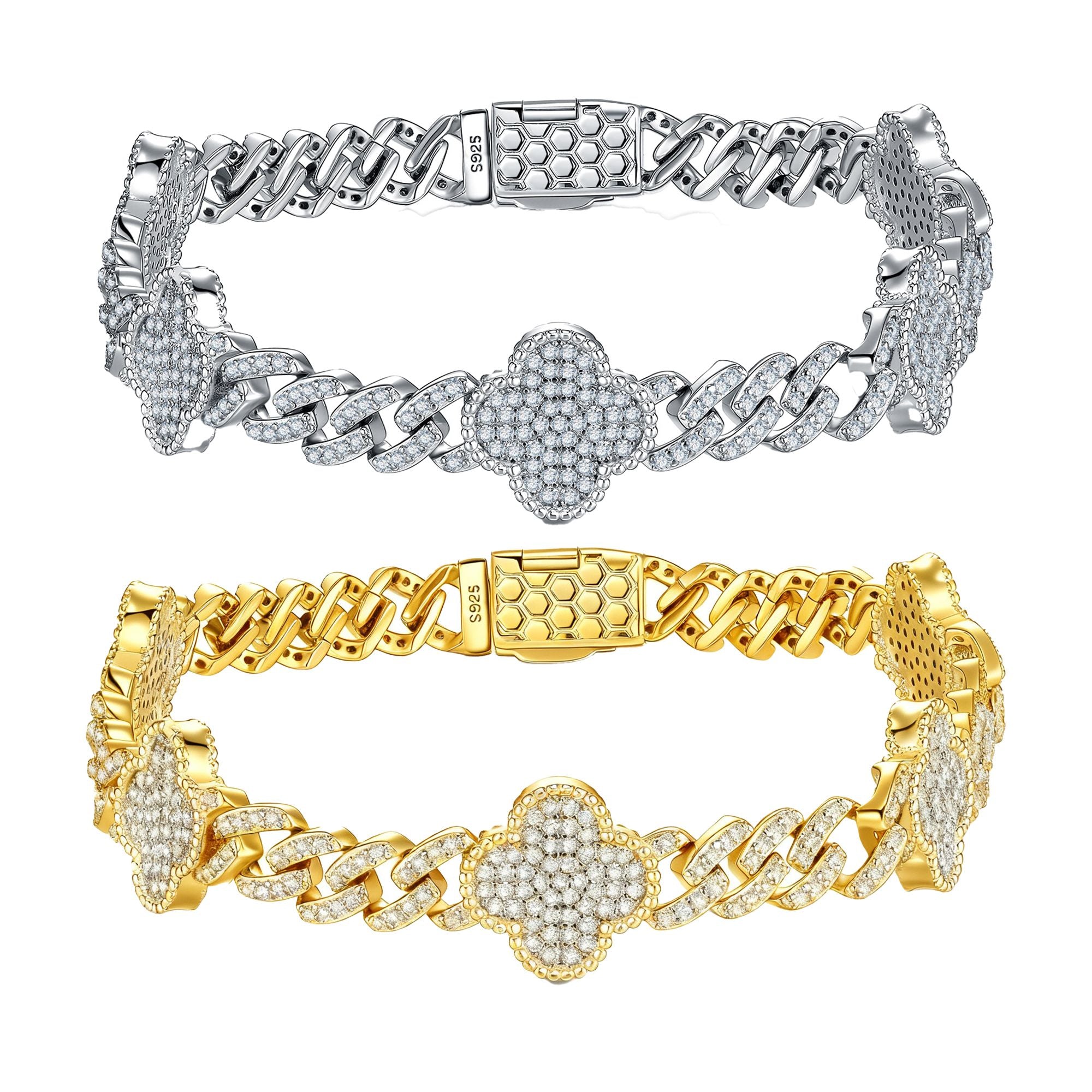 Moissanite Pave Four-Leaf Clover Cuban Link Bracelet in 925 Sterling Silver