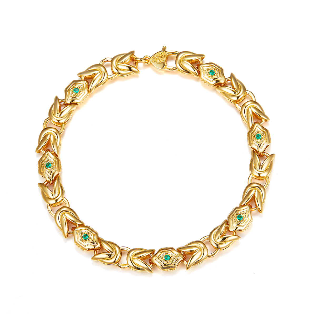 Round-Cut Lab Emerald Geometric Link Statement Bracelet in 925 Sterling Silver