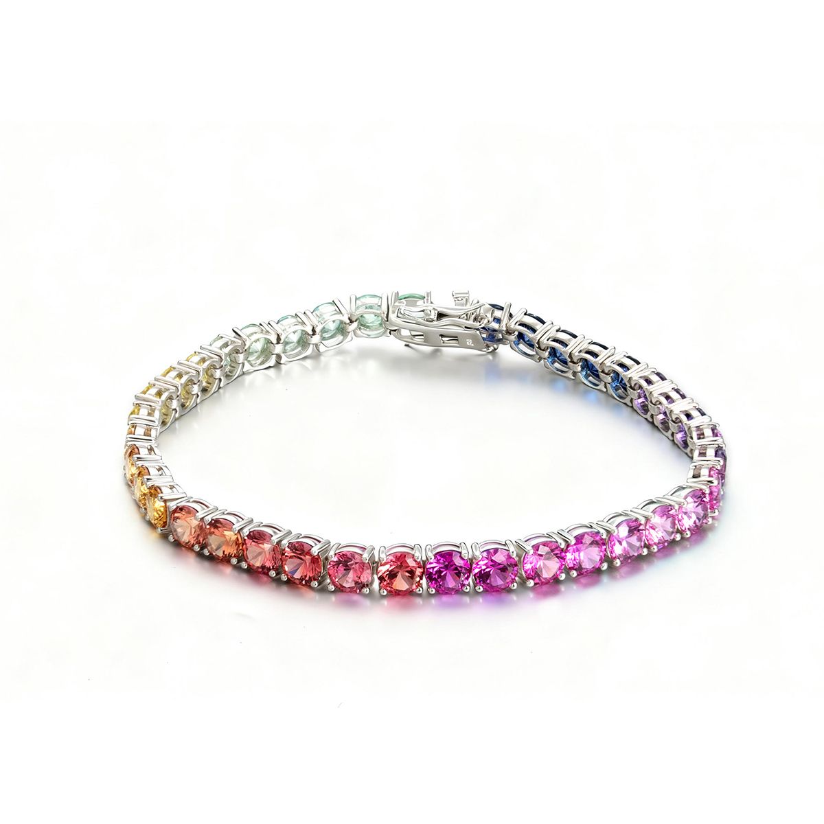 Round-Cut Lab-Created Rainbow Gemstone Tennis Bracelet in 925 Sterling Silver