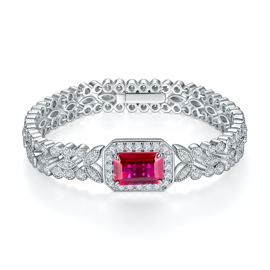 Emerald-Cut Lab-Created Ruby Halo Leaf-Link Tennis Bracelet