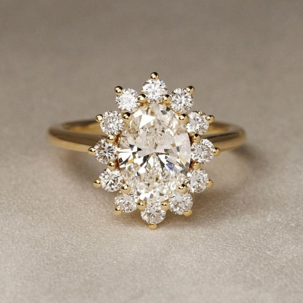 Oval Sunflower Halo Moissanite Ring 925 Sterling Silver Ring
