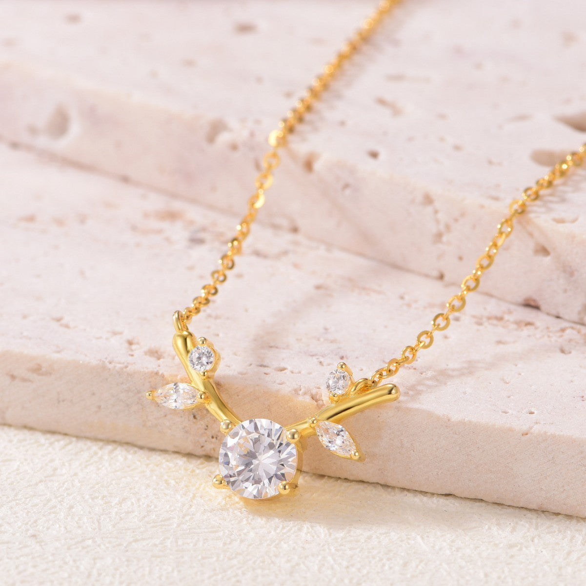 Moissanite Antler Branch Leaf Pendant 925 Sterling Silver Necklace