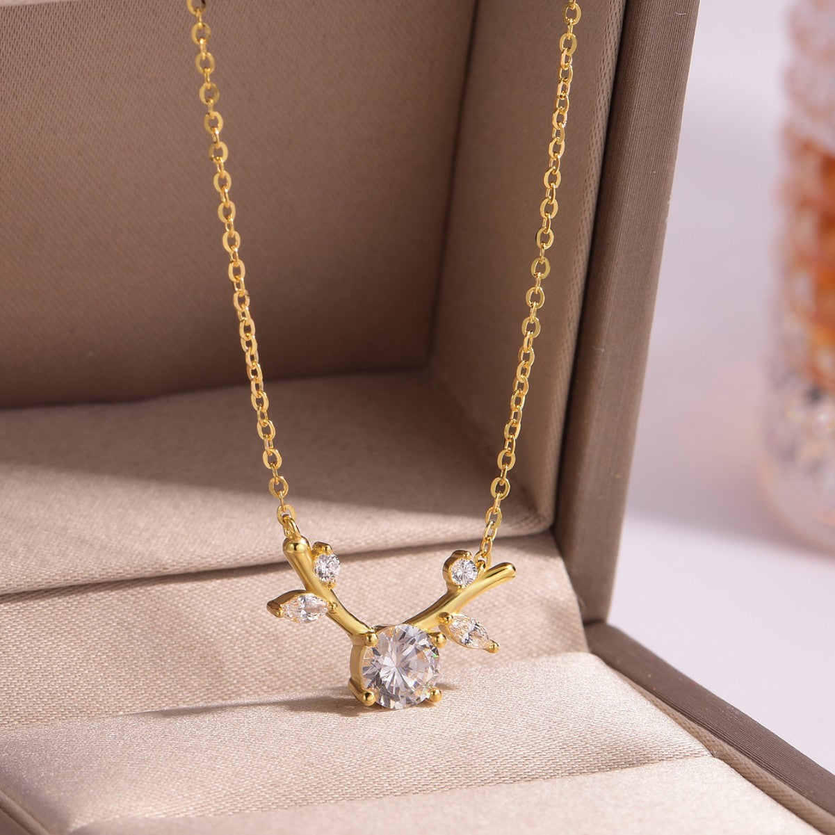 Moissanite Antler Branch Leaf Pendant 925 Sterling Silver Necklace