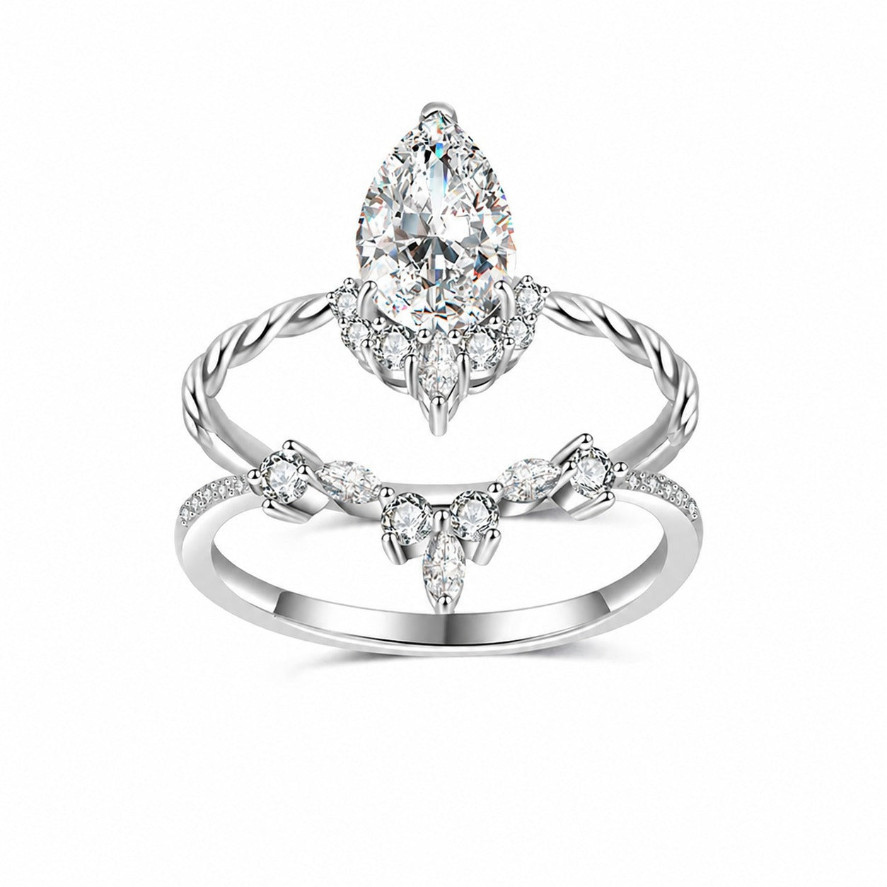 Moissanite Pear Cut Floral Crown Stacked Ring Set Platinum Color S925 Sterling Silver Ring for Women and Men Vintage Elegant Princess Style Wedding Party Anniversary Gift Jewelry