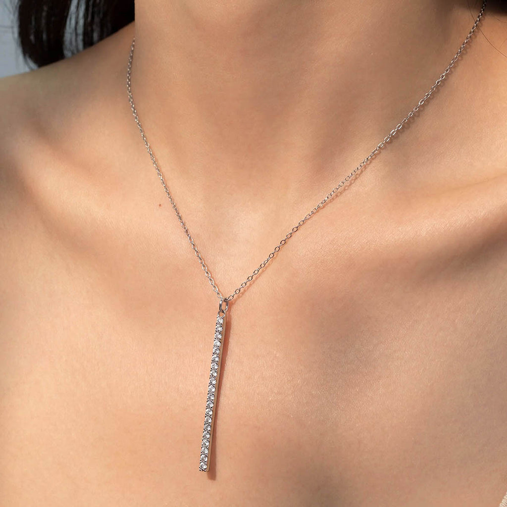 Moissanite Geometric Vertical Bar Pendant  In 925 Sterling Silver Necklace