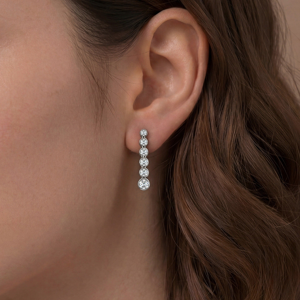 Moissanite Graduated Six Round Bezel Set Drop Earrings White Gold Tone 925 Sterling Silver Geometric Long Dangle Earrings For Women Elegant Fashion Party Wedding Gift Jewelry