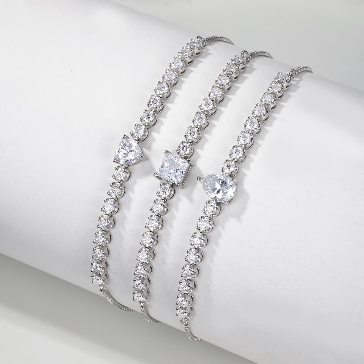 White Moissanite Geometric Princess Cut Square Center Stone Tennis Bracelet  925 Sterling Silver Adjustable Slider Chain Bracelet
