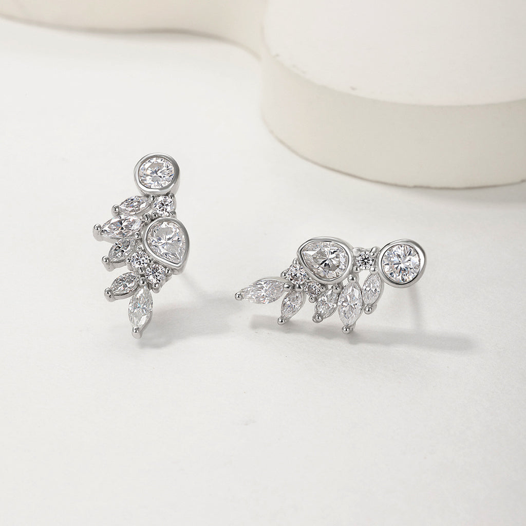 White Moissanite Leaf Cluster In 925 Sterling Silver  Stud Earrings