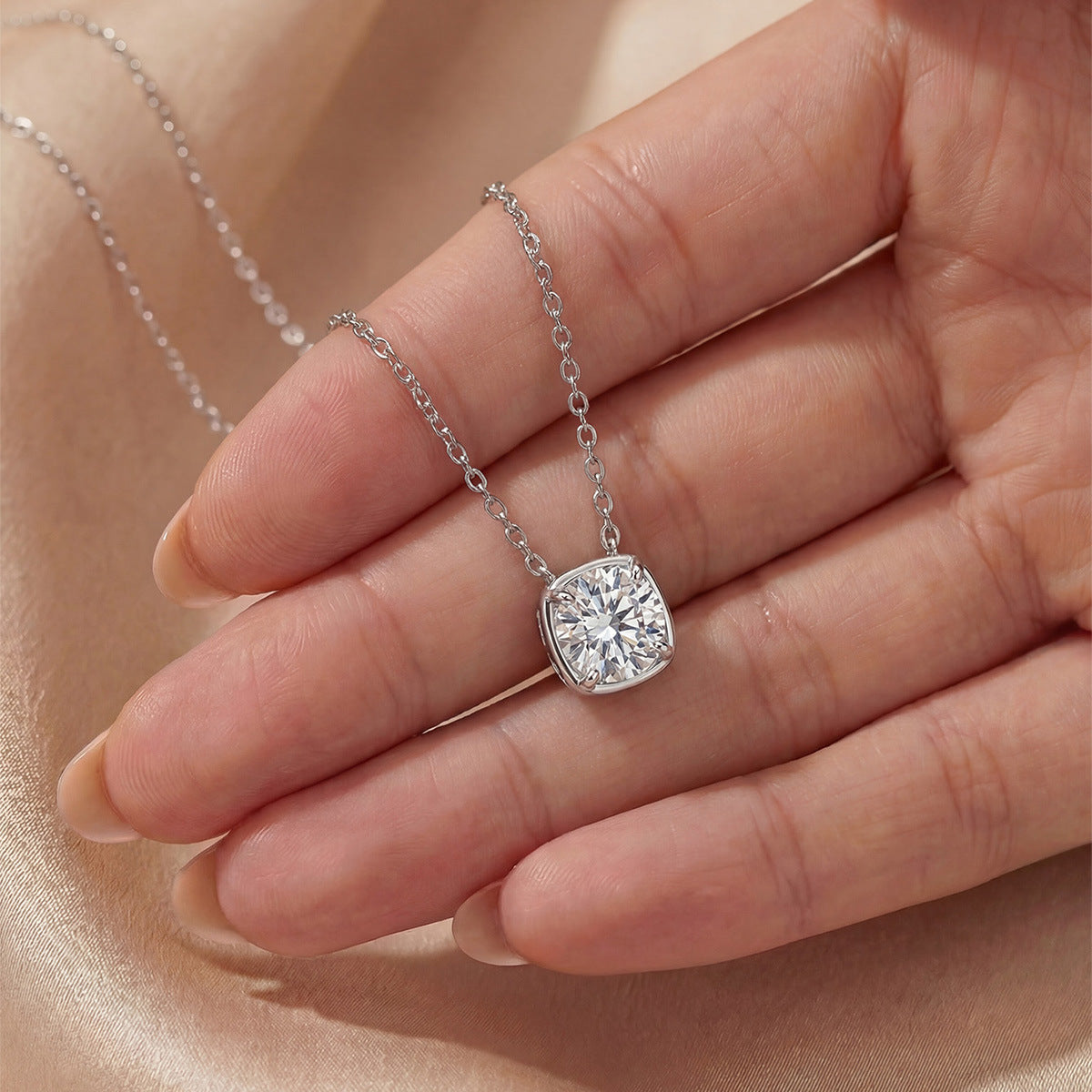 Modern Minimalist Rounded Square Moissanite Silver Tone 925 Sterling Silver Necklace