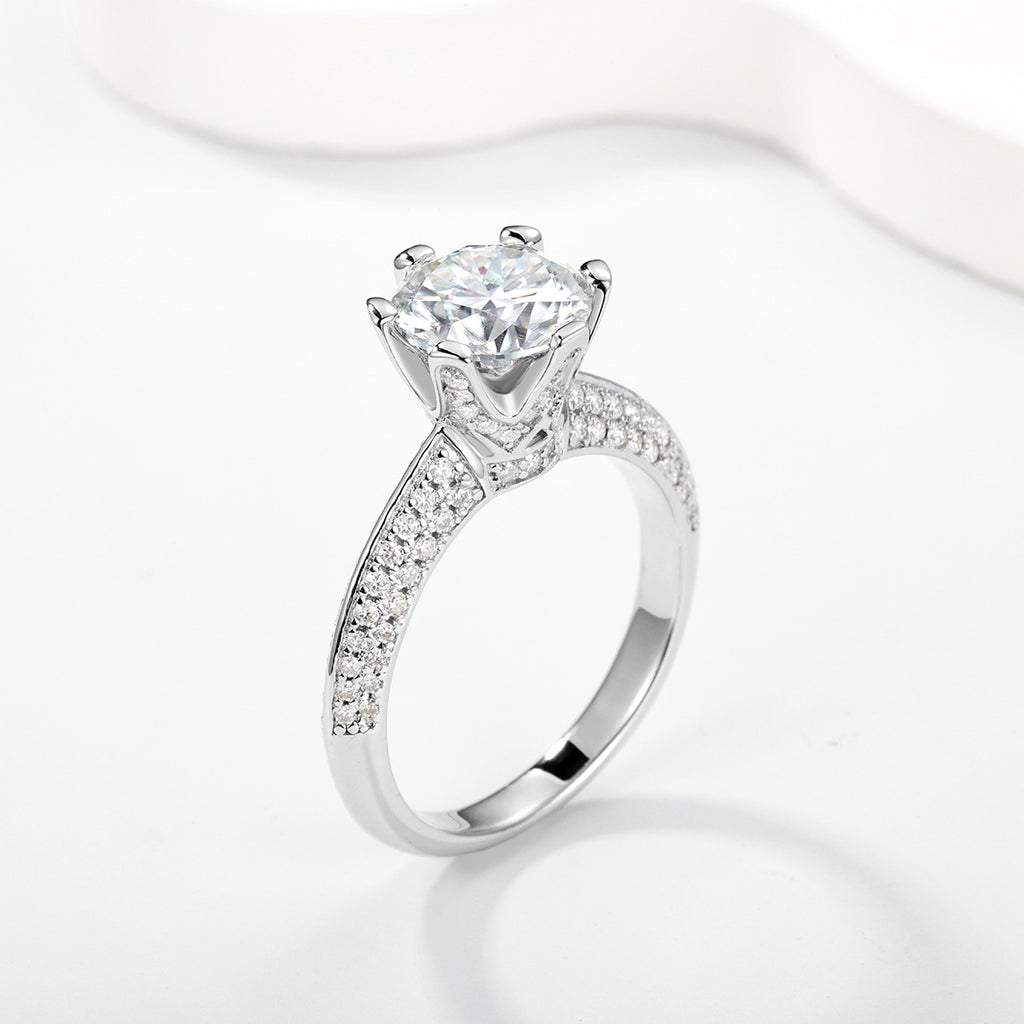 Round Brilliant Moissanite Pave Band 925 Sterling Silver Ring