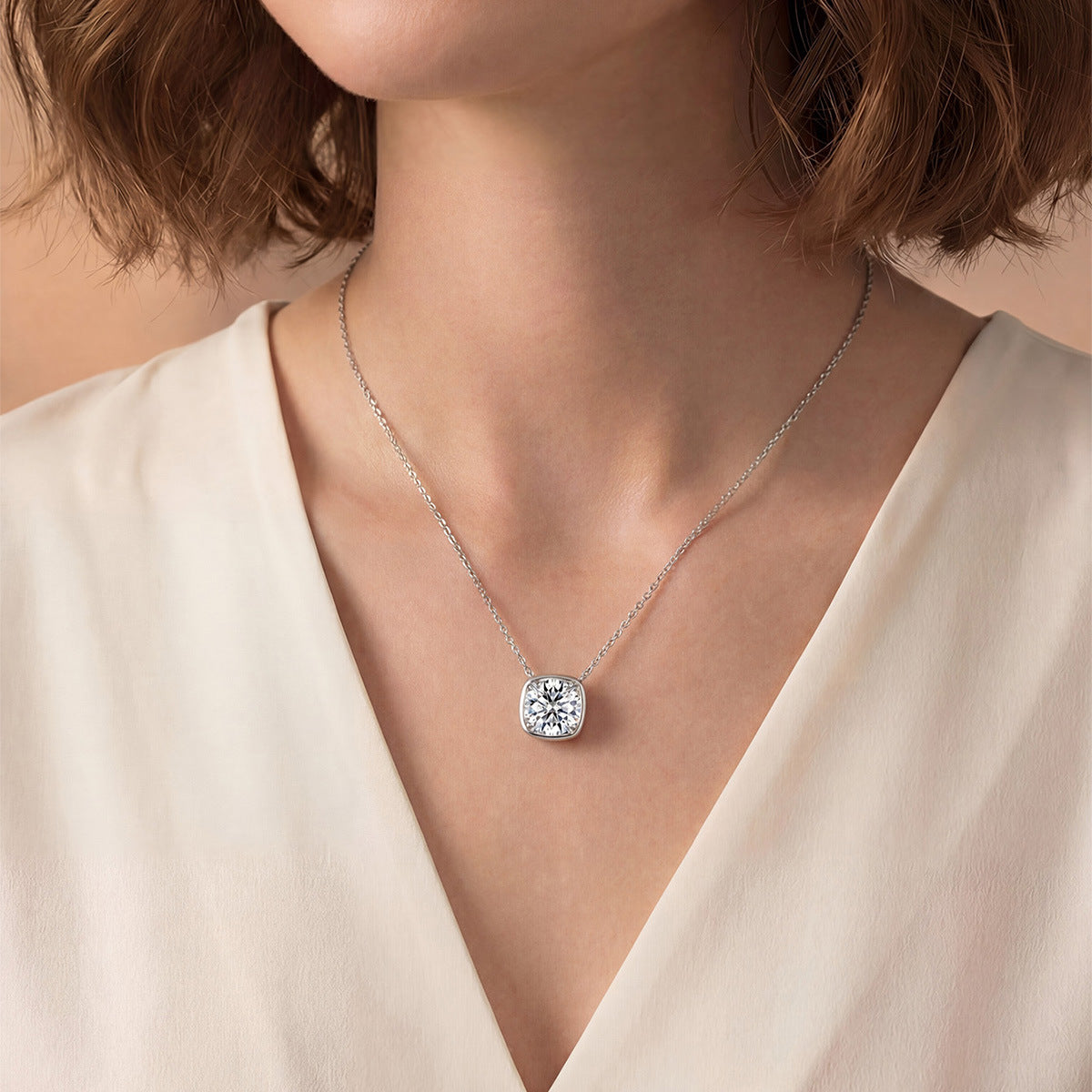 Modern Minimalist Rounded Square Moissanite Silver Tone 925 Sterling Silver Necklace