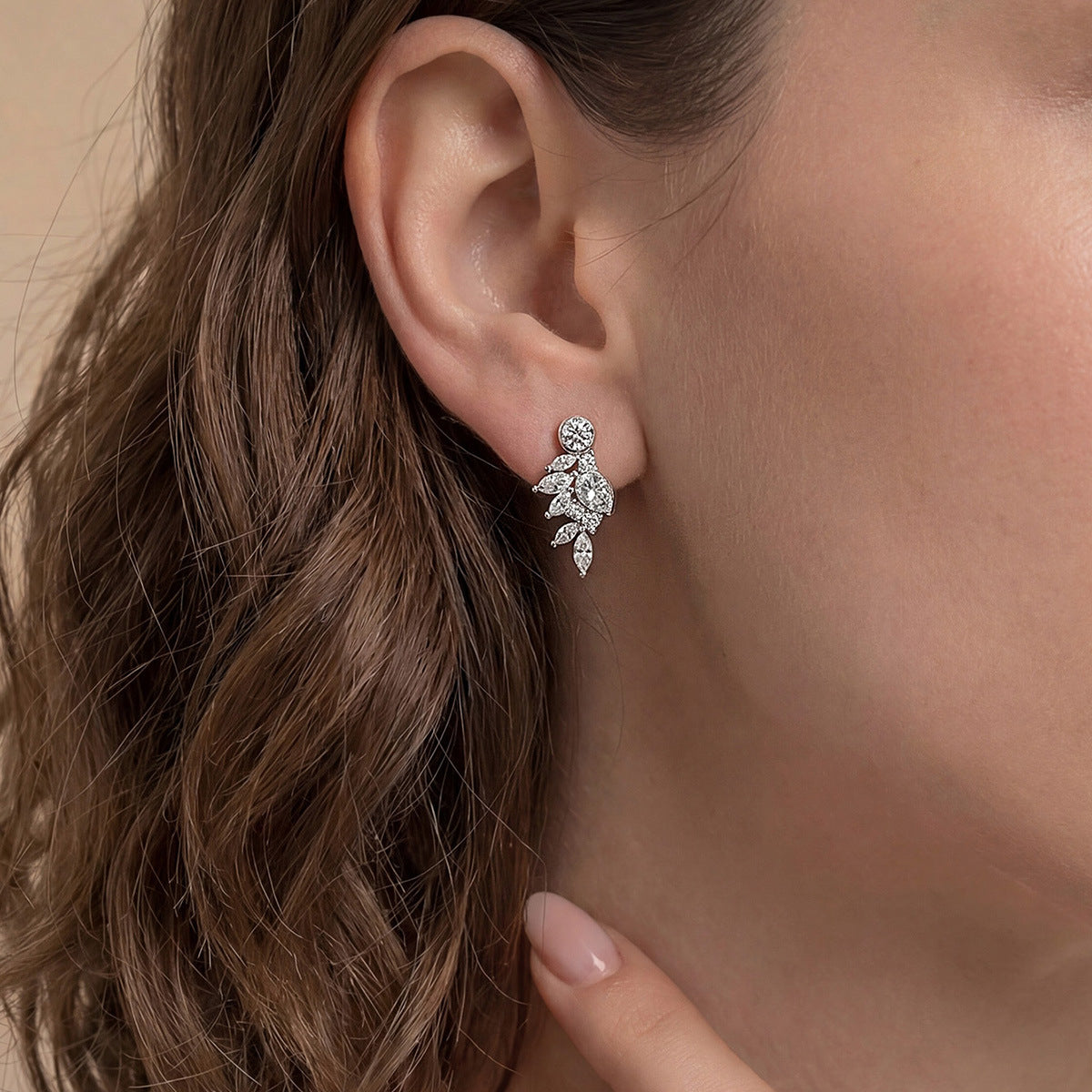 White Moissanite Leaf Cluster In 925 Sterling Silver  Stud Earrings