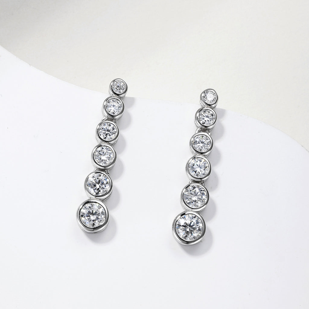 Moissanite Graduated Six Round Bezel Set Drop Earrings White Gold Tone 925 Sterling Silver Geometric Long Dangle Earrings For Women Elegant Fashion Party Wedding Gift Jewelry
