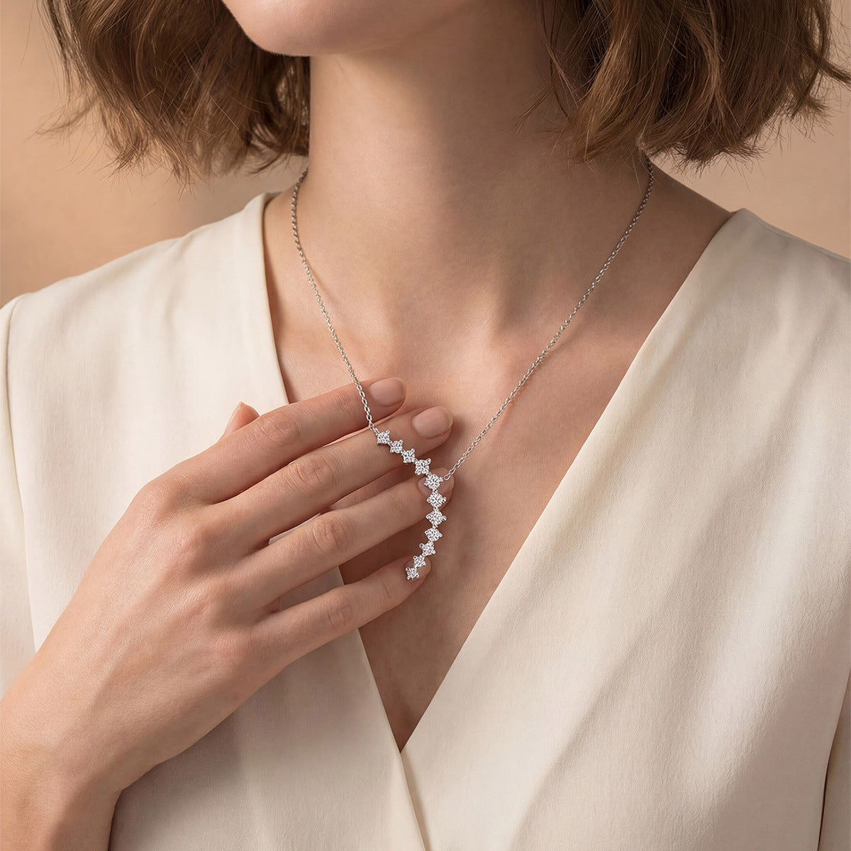 Asymmetrical Wave Geometric White Moissanite S925 Sterling Silver Necklace