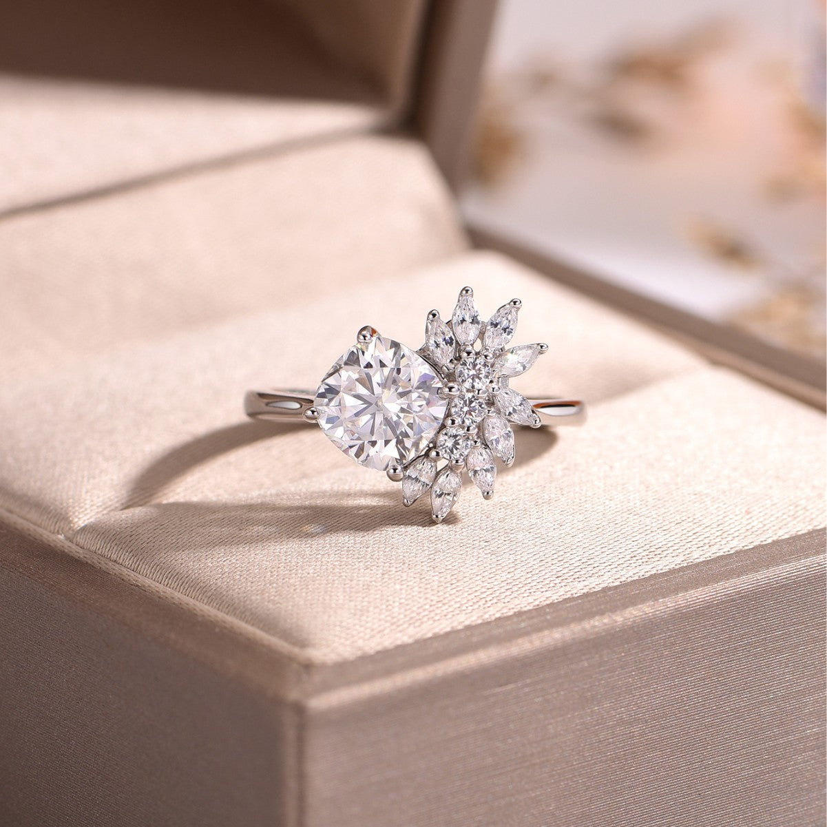 Princess Style Petal Cluster Cushion Cut Moissanite 925 Sterling Silver Ring