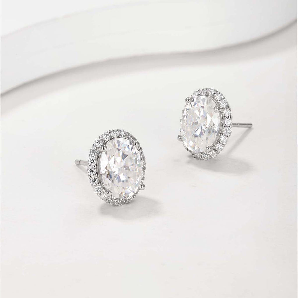 Oval Moissanite  D Color Halo 925 Sterling Silver Stud Earrings