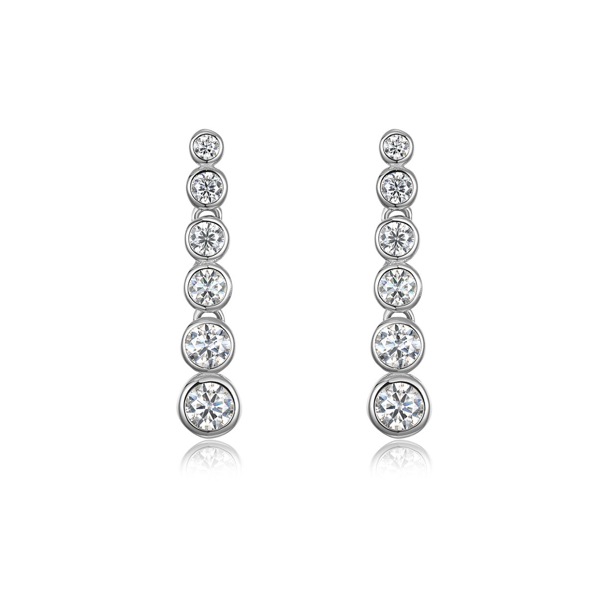 Moissanite Graduated Six Round Bezel Set Drop Earrings White Gold Tone 925 Sterling Silver Geometric Long Dangle Earrings For Women Elegant Fashion Party Wedding Gift Jewelry