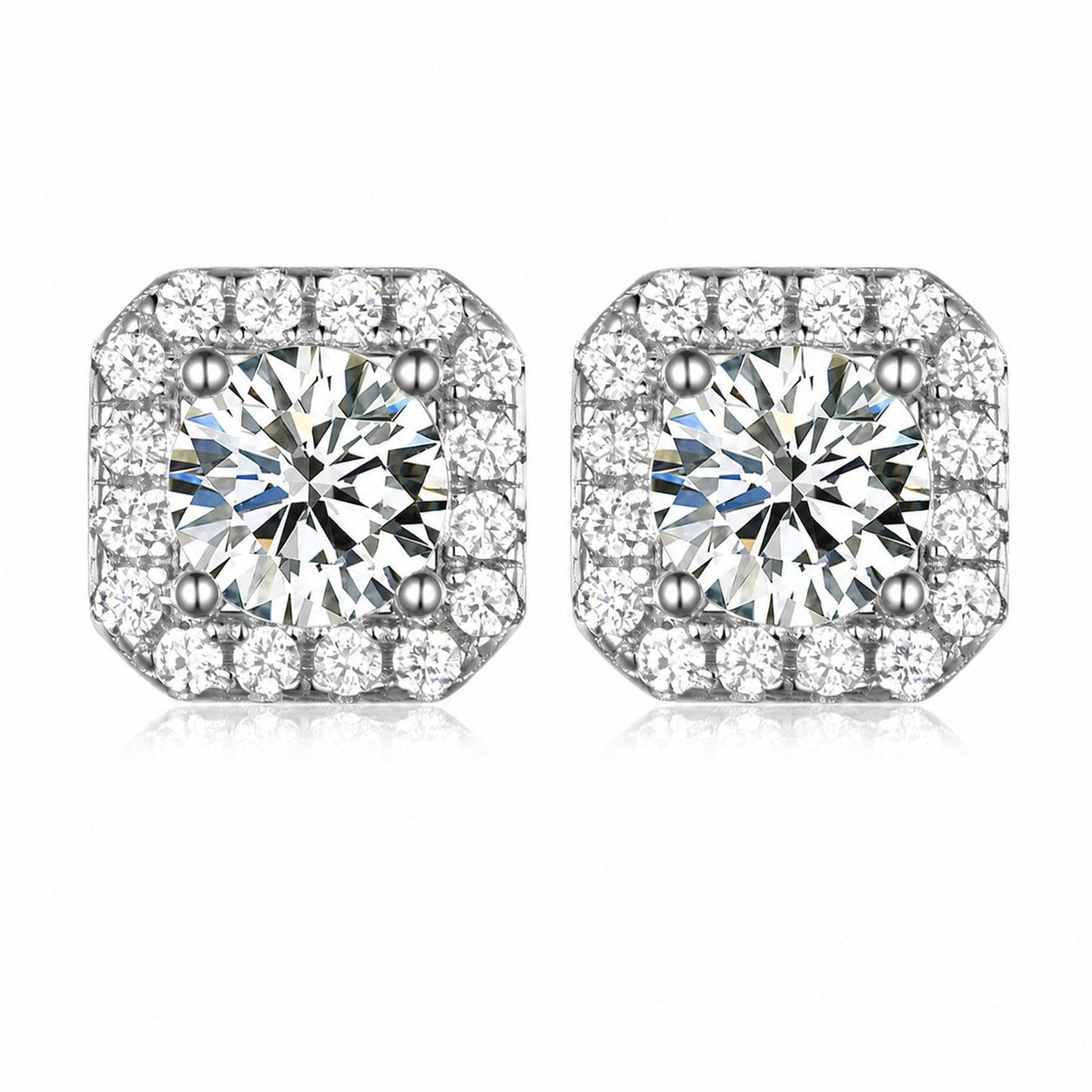 Square Halo Moissanite Stud Earrings  925 Sterling Silver Geometric Ear Stud Earrings